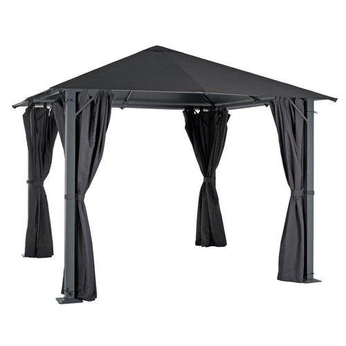 Large grey 3m square pavillion gazebo with pull back curtains on all 4 sides, for garden parties and events outdoors