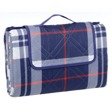 Load image into Gallery viewer, blue tartan picnic blanket with carry handle and velcro strap 
