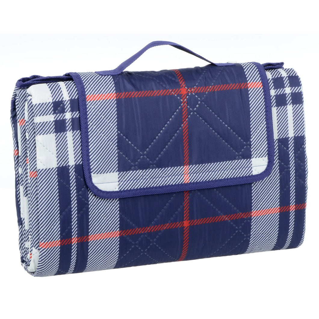 blue tartan picnic blanket with carry handle and velcro strap 