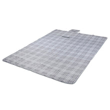Load image into Gallery viewer, grey tartan picnic blanket opened out on white background
