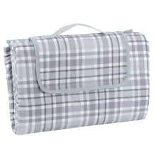 Load image into Gallery viewer, grey and white tartan picnic blanket with carry handle and velcro fastening to the front
