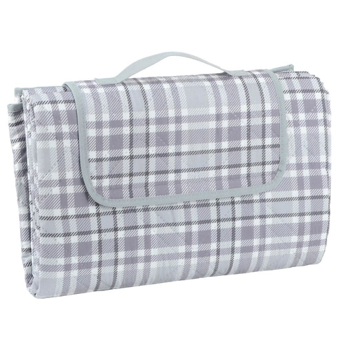 grey and white tartan picnic blanket with carry handle and velcro fastening to the front