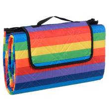 Load image into Gallery viewer, rainbow stripe picnic blanket featuring black trim, black carry handle and fastening at the front to keep secure
