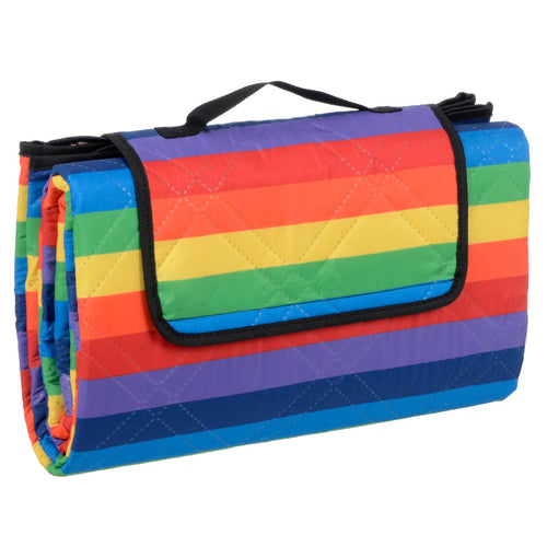 rainbow stripe picnic blanket featuring black trim, black carry handle and fastening at the front to keep secure