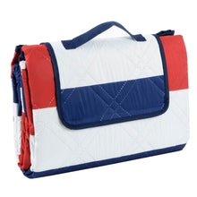 Load image into Gallery viewer, red white and blue picnic blanket folded into compact carry bag with handle

