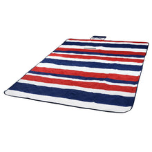 Load image into Gallery viewer, picnic blanket in red, white and blue, full rolled out on white background
