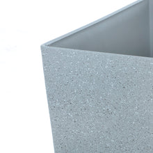 Load image into Gallery viewer, Close up of the Azuma tall grey stone effect square plant pot.
