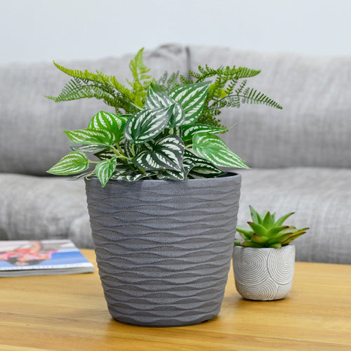 grey weave plant pot on coffee table beside smaller plant pot with fern foliage