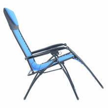 Load image into Gallery viewer, First recline position of the Azuma padded garden relaxer chair in blue.
