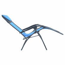 Load image into Gallery viewer, Full recline position of the Azuma padded garden relaxer chair in blue.
