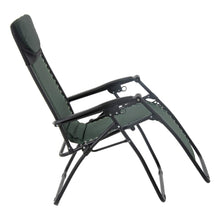 Load image into Gallery viewer, First recline position of the Azuma textilene garden relaxer chair in dark green.
