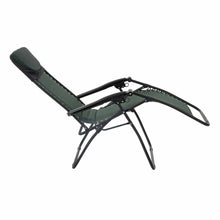 Load image into Gallery viewer, Full recline position of the Azuma textilene garden relaxer chair in dark green.
