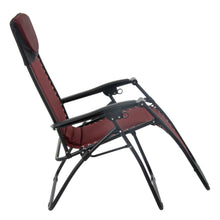 Load image into Gallery viewer, First recline position of the Azuma padded garden relaxer chair in dark red.
