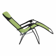 Load image into Gallery viewer, Full recline position of the Azuma padded garden relaxer chair in lime.
