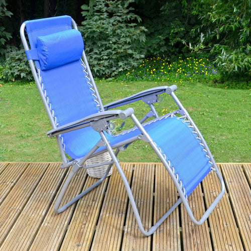 Garden chair, blue zero gravity recliner with grey frame, sitting on decking with shrubs and flowers