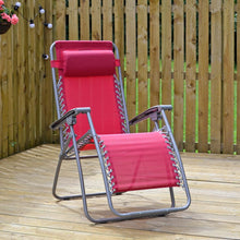 Load image into Gallery viewer, Persian Red Garden relaxer chair with head cushion and grey frame on decking
