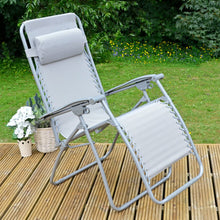 Load image into Gallery viewer, Silver grey garden recliner chair, texteline zero gravity relaxer seat with grey frame, sitting on decking with flowers and plants
