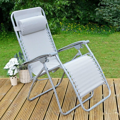 Silver grey garden recliner chair, texteline zero gravity relaxer seat with grey frame, sitting on decking with flowers and plants