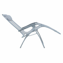 Load image into Gallery viewer, Full recline position of the Azuma textilene garden relaxer chair in silver grey.
