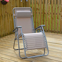 Load image into Gallery viewer, Beige taupe garden recliner chair with head cushion and silver grey frame, sitting on decking with hanging basket and party lights
